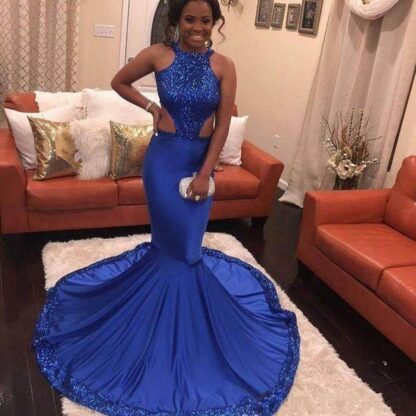 Купить Royal Blue Jewel Prom Dresses Mermaid Sexy Sleeveless Lace With Sequins Chapel Train Custom Made Formal Evening Dresses