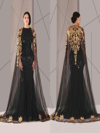 Купить Arabic Formal Pageant Evening Dresses With Cloak Gold Lace Plus Size Black Sequined Vestidos De Novia Prom Occasion Gown