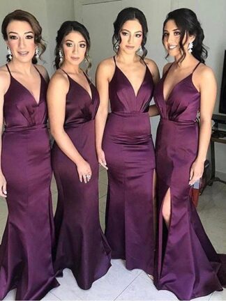 Купить 2020 Sexy Grape Bridesmaid Dresses Mermaid Sleeveless Spaghetti Strap Satin Plus Size Maid of Honor Wedding Guest Evening Gowns Cheap BM0939