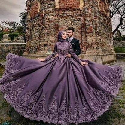 Купить gorgeous Arabic Purple Muslim Wedding Dress Turkish Lace Applique high neck Islamic Bridal Dresses Long Sleeve Gown