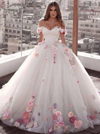Купить Ball Gown Wedding Dresses Sweetheart Off Shoulder Pink Flower Bridal Sweep Train Bride Dress Plus Size