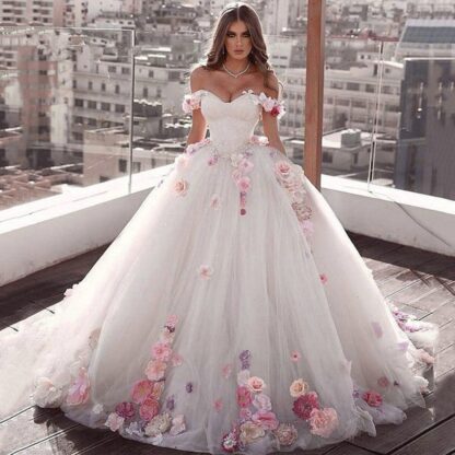 Купить Ball Gown Wedding Dresses Sweetheart Off Shoulder Pink Flower Bridal Sweep Train Bride Dress Plus Size
