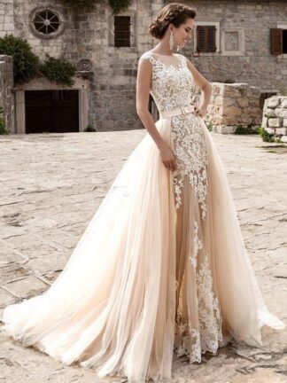Купить Champagne Over Skirts Mermaid Wedding Dresses Tulle See Through Vintage Lace Appliqued Sash Detachable Train Boho Bridal Gowns African