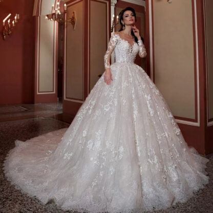 Купить Beading Sequins Appliques Flowers Lace Luxury Princess Ball Gown Wedding Dress With Petticoat Robe De Mariee Princesse Luxe