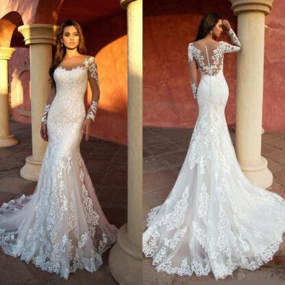 Купить 2022 Vintage 3D Appliqued Lace Mermaid Wedding Dresses Sheer Neck Long Sleeve Bridal Gowns Illusion Wedding Dress robe de mariee