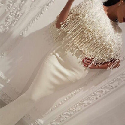 Купить Elegant Long White Mermaid Arabic Evening Dress Dubai Kaftan Formal Gowns with Tassel Pearls Beading Prom Dresses