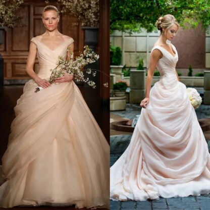 Купить Blush Pink Pick Up Ball Gown Wedding Dresses Long V Neck Side Draped Princess Bride Bridal Gowns Vestido De Novia
