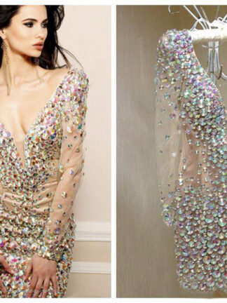 Купить Bling Rhinestone Homecoming Cocktail Dresses Party Gowns Sexy Deep V Neck Long Sleeve Short Special Occasion for Women