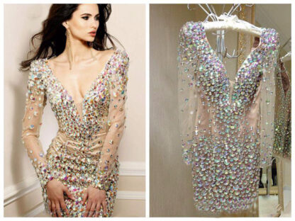 Купить Bling Rhinestone Homecoming Cocktail Dresses Party Gowns Sexy Deep V Neck Long Sleeve Short Special Occasion for Women