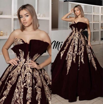 Купить 2020 Modern Burgundy Velet A Line Prom Dresses Arabic Gold Lace Applique Ruched Dubai Floor Length Formal Party Evening Gowns