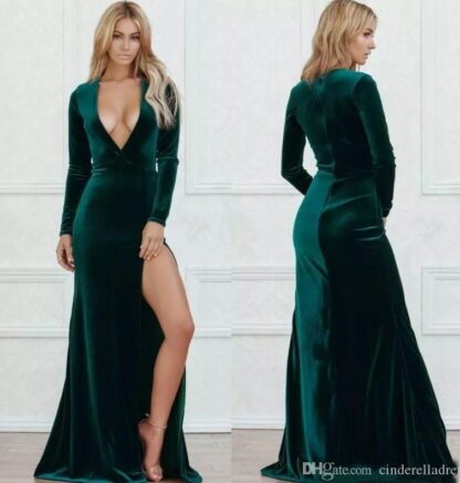 Купить 2020 New Velvet Green Sexy Deep V Neck Side Split Prom Dresses Long Sleeves Floor Length Formal Dress Evening Wear Vestido festa Custom