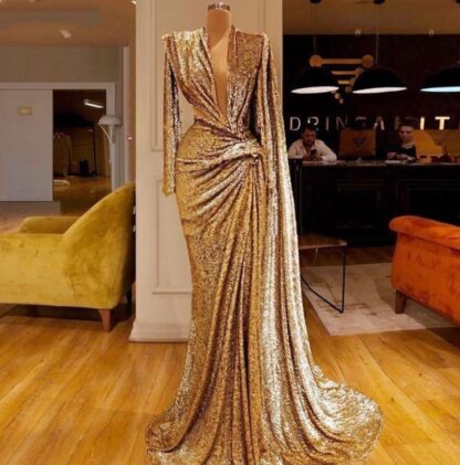 Купить 2020 Elegant Sequined Gold Prom Dresses With Deep V Neck Pleats Long Sleeves Mermaid Evening Dress Dubai African Party Gown