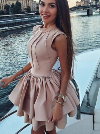 Купить 2020 Modern Blush Pink Short Homecoming Dresses Jewel Neck Ruffles Satin Pleats Tiered Ruched Cocktail Party Gowns Short Prom Dress BA783