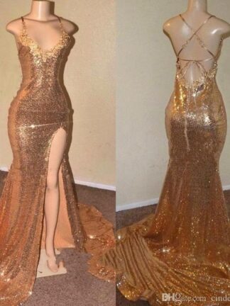 Купить African Gold Sequins Mermaid Prom Dresses 2020 Sexy Criss Cross Backless Spaghetti Straps Front Split Long Evening Reflective Dress BC0906