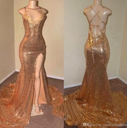 Купить African Gold Sequins Mermaid Prom Dresses 2020 Sexy Criss Cross Backless Spaghetti Straps Front Split Long Evening Reflective Dress BC0906