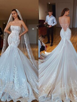 Купить 2020 Beautiful Mermaid Strapless Wedding Dresses Backless Illusion Corset Lace Up Bridal Gown With Chapel Train Vestido de noiva