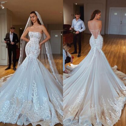 Купить 2020 Beautiful Mermaid Strapless Wedding Dresses Backless Illusion Corset Lace Up Bridal Gown With Chapel Train Vestido de noiva