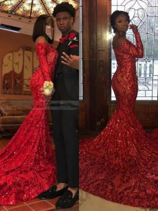 Купить 2020 Red African Full Sequin Prom Dresses Off The Shoulder Mermaid With Long Sleeve Plus Size Evening Gowns For Pageant Reflective Dress