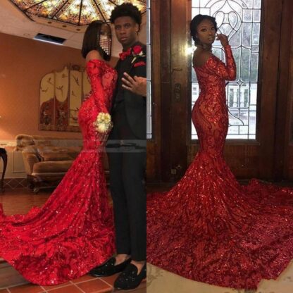 Купить 2020 Red African Full Sequin Prom Dresses Off The Shoulder Mermaid With Long Sleeve Plus Size Evening Gowns For Pageant Reflective Dress