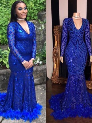 Купить 2020 Shiny Royal Blue Mermaid Long Sleeve Feather African Prom Dresses with Train Deep V-Neck Plus Size Reflective Party Dress Formal Gown