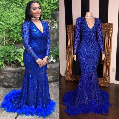 Купить 2020 Shiny Royal Blue Mermaid Long Sleeve Feather African Prom Dresses with Train Deep V-Neck Plus Size Reflective Party Dress Formal Gown