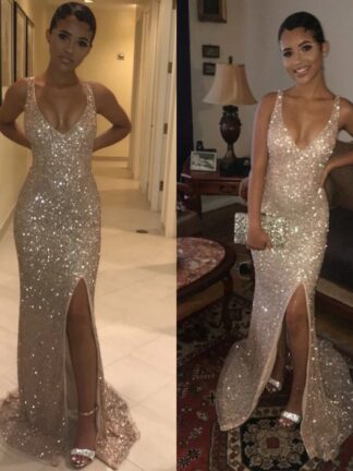 Купить 2020 V Neck Sequin Long Backless Gold Prom Dresses Full Sequins Ruffles Evening Reflective Dress Event Gowns BC3641