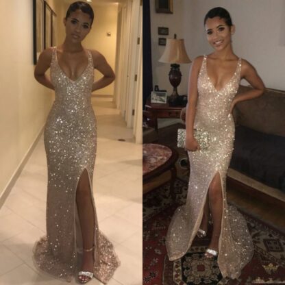 Купить 2020 V Neck Sequin Long Backless Gold Prom Dresses Full Sequins Ruffles Evening Reflective Dress Event Gowns BC3641