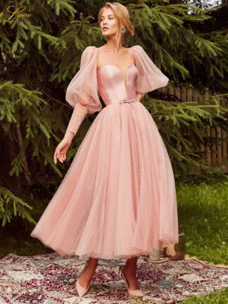 Купить Pink Puffy Prom Graduation Dresses Dot Tulle A Line Elegant Party Tunic Corset Sleeves Long Gown Evening Dress Plus Size
