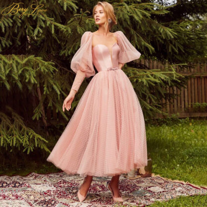 Купить Pink Puffy Prom Graduation Dresses Dot Tulle A Line Elegant Party Tunic Corset Sleeves Long Gown Evening Dress Plus Size