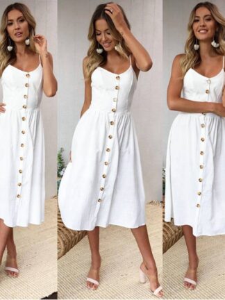 Купить Februaryfrost Women Bohemian Spaghetti Strap Sleeveless Backelss Dress Black White Casual Dresses Button Midi Sundress for Summer
