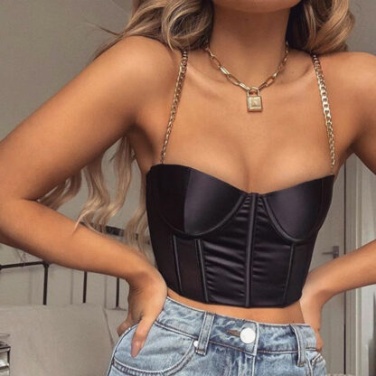 Купить Februaryfrost 2020 Women Sexy Summer Crop Top Blackless Chain Strap Padded Cropped Bustier Top Casual Satin Crop Tops