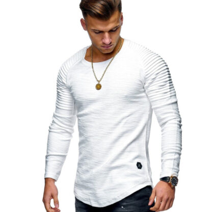 Купить Januarysnow Hot Solid Color Sleeve Pleated Patch Detail Long Sleeve T-Shirt Men Spring Casual Tops Pullovers Fashion Slim Basic Tops
