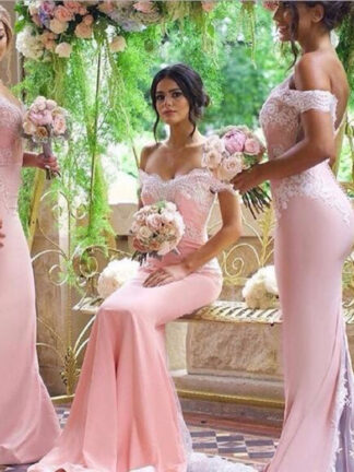 Купить Pink Mermaid Lace Appliques Prom Evening Gowns Long Chiffon Bridesmaid Dresses Maid Of Honor For Wedding Party With Train