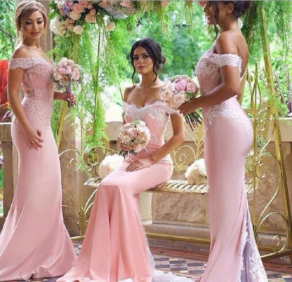 Купить Pink Mermaid Lace Appliques Prom Evening Gowns Long Chiffon Bridesmaid Dresses Maid Of Honor For Wedding Party With Train