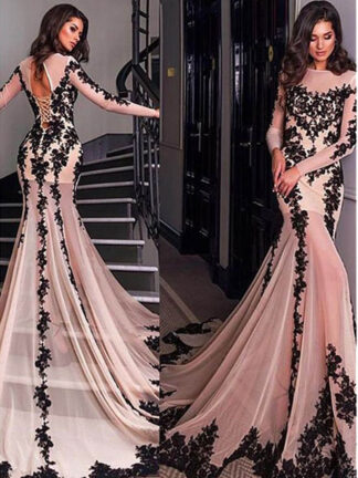 Купить Mermaid Long Sleeve Evening Dresses Lace Appliques Black Formal Prom Dress For Women Custom Made Party Gowns robe de soiree
