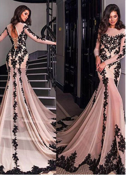 Купить Mermaid Long Sleeve Evening Dresses Lace Appliques Black Formal Prom Dress For Women Custom Made Party Gowns robe de soiree