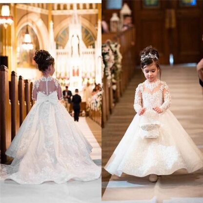 Купить White Princess Flower Girls Dresses Long Sleeves Lace Appliques vestidos de noiva Formal Party Gowns For First Communion
