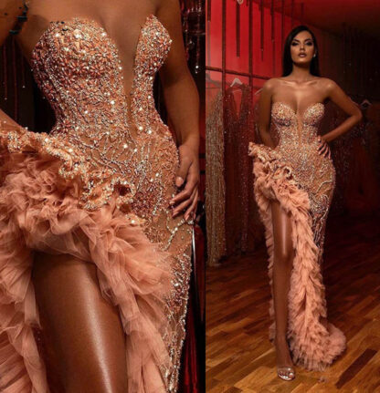 Купить Champagne Blush Mermaid Prom Dresses Sparkly Beaded Ruffles High Slit Sweetheart Arabic Evening Dress Occasion Gown vestidos de novia Sexy temperament