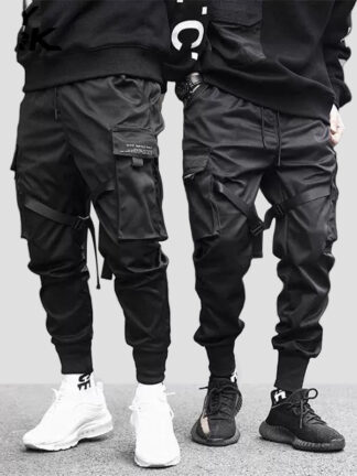 Купить Januarysnow Hip Hop Boy Multi-pocket Elastic Waist Design Harem Pant Men Streetwear Punk Casual Trousers Jogger Male Dancing Black Pants