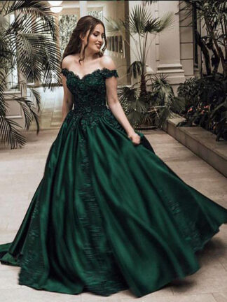 Купить Dark Green Satin Quincernera Dresses Long Off The Shoulder Sweet 16 Dress Lace Beaded Prom Evening Ball Gown Formal