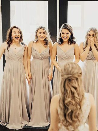 Купить Simple Champagne V Neck Bridesmaid Dresses Long A Line Pleated Ruffles Maid Of Honor Dress Floor Length Prom Evening Gowns