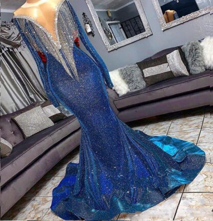 Купить Full Sequins Mermaid Blue Prom Dresses Beads Sheer Neck Long Sleeves Evening Gowns With Tassels Sweep Train Formal Party Dress