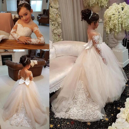 Купить Blush Pink Long Sleeves Flower Girls Dresses For Weddings Lace Appliques Ball Gown Birthday Girl Communion Pageant Gowns