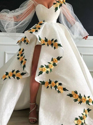 Купить Long Sleeves White Evening Dresses New Ball Gown Split Lace Flowers Islamic Dubai Saudi Arabic Formal Gowns Prom Dress