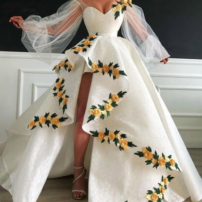 Купить Long Sleeves White Evening Dresses New Ball Gown Split Lace Flowers Islamic Dubai Saudi Arabic Formal Gowns Prom Dress