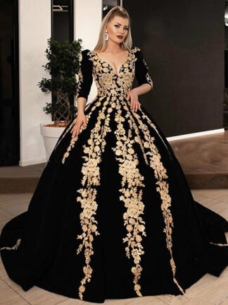 Купить Black Velvet Formal Evening Dresses Plus Size V-neck Half Sleeve Sparkly Gold Lace Applique Kaftan Caftan Arabic Prom Gowns