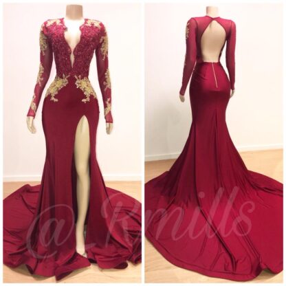 Купить New Sexy Red Long Sleeves Mermaid Prom Dresses 2019 Plus Size Gold Lace Appliques High Split African Arabic Girls Formal Evening Party Gowns