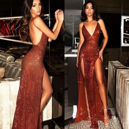 Купить Sexy 2019 Dark Red Cheap Prom Dresses Long Sequined Spaghetti Straps V Neck High Side Split Evening Gown vestidos de fiesta BC0466