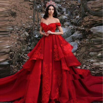 Купить 2019 Red Layers Tiered Lace Applique A Line Plus Size Wedding Dresses Off The Shoulder Arabic Sexy Chapel Train Bridal Wedding Gowns BC0730
