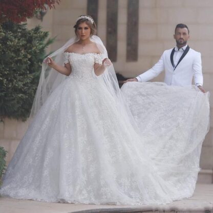 Купить Elegant Cap Sleeve A-line Saudi Arabic Wedding Dresses 2019 Lace up Back Appliques Plus Size Bridal Wedding Gowns Vestido De Noiva